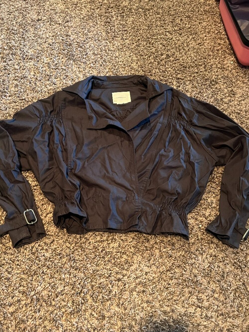 Anthropologie Black Cropped Utility Jacket Gathered Waist Buckle Cuffs XL